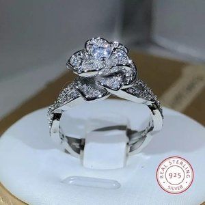 925 Sterling Silver Three-Dimensional Rose Ring Zircon Full Diamond Temperament